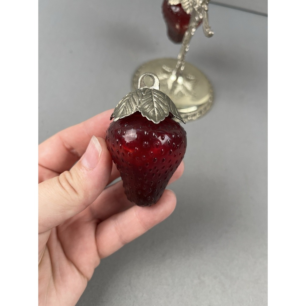 Vintage Kitschy 1950s Glass Strawberry Salt & Pepper Shakers w/ Silver Stand - Picture 6 of 12